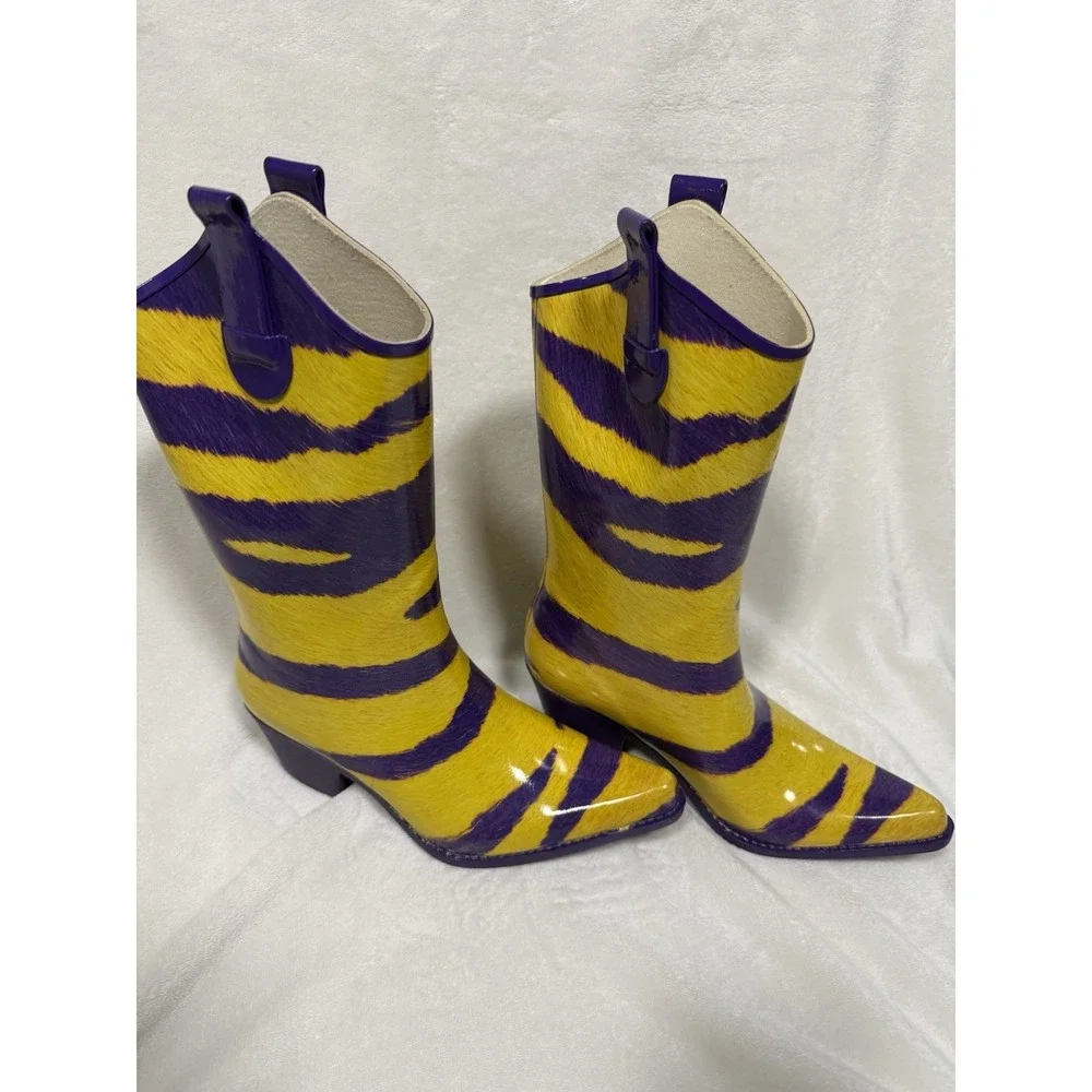 MyGameBoots Purple Gold Western Rain Boots Womens 6 Cowboy Rubber LSU